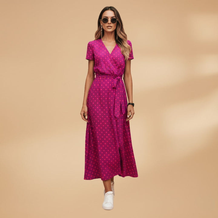 Sandra | Vestido Midi Wrap Estampado Mulher Manga Curta