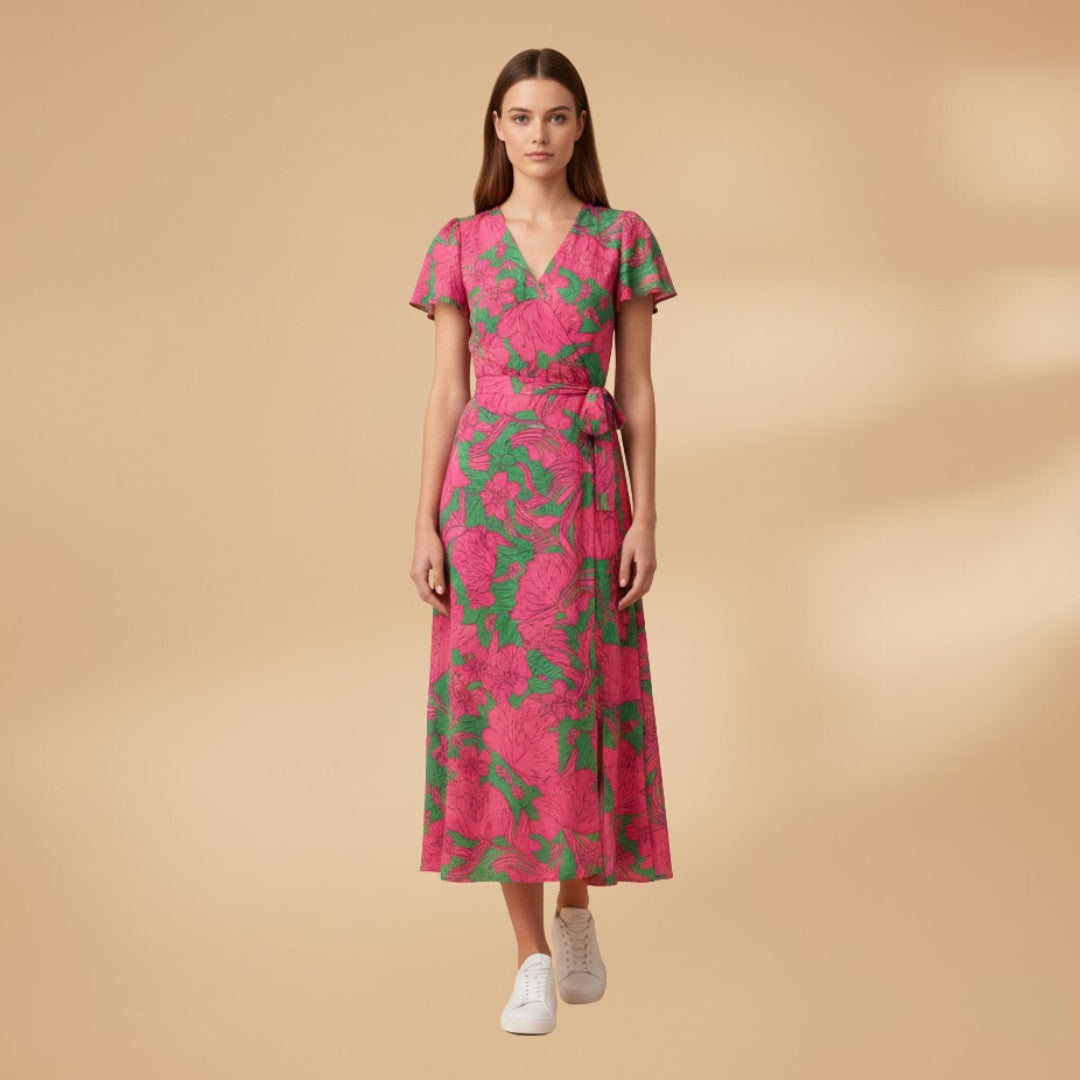 Sandra | Vestido Midi Wrap Estampado Mulher Manga Curta