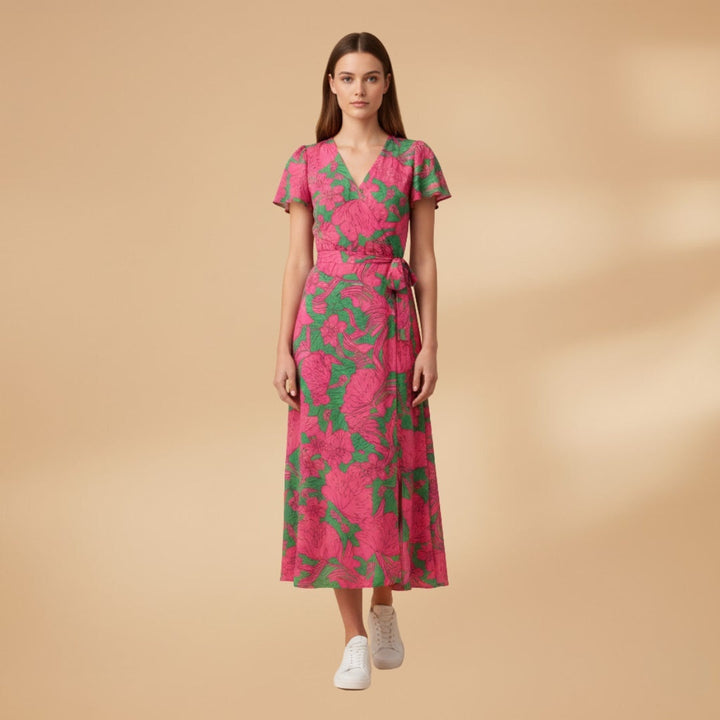 Sandra | Vestido Midi Wrap Estampado Mulher Manga Curta