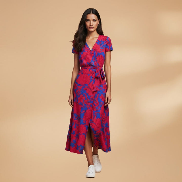 Sandra | Vestido Midi Wrap Estampado Mulher Manga Curta