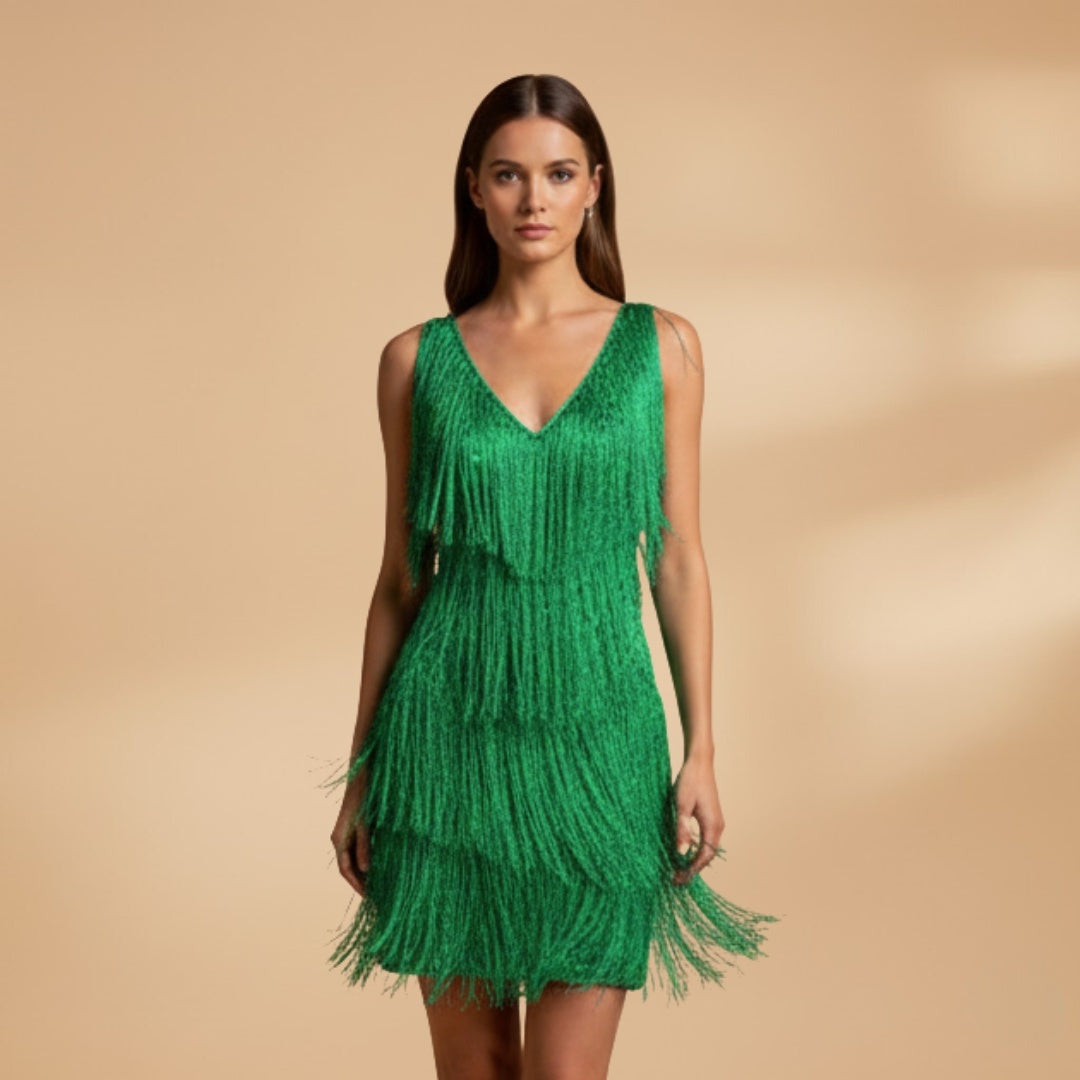 Dina | Vestido Mini de Festa Mulher Franjas Brilhantes Decote V