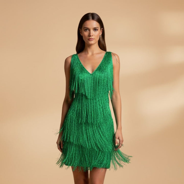 Dina | Vestido Mini de Festa Mulher Franjas Brilhantes Decote V